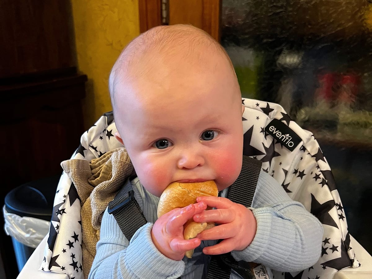 A baby in a highchair bringing a soft roll to their mouth