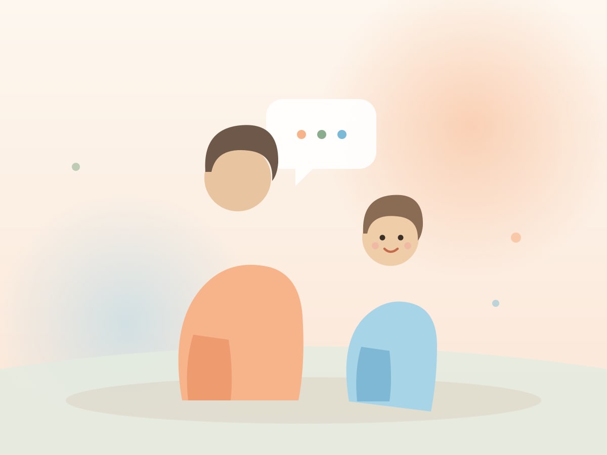 A warm illustration of a caregiver and young child talking together